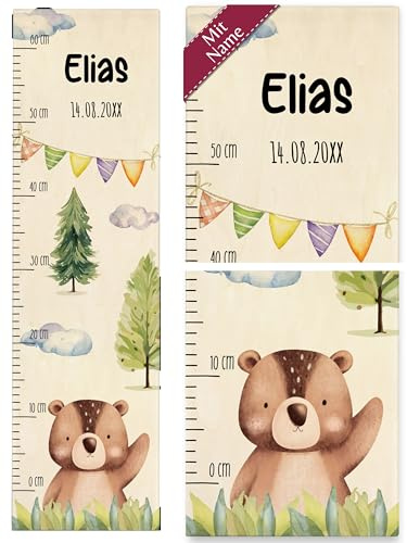 Messlatte Kind Holz - Niedlicher Bär Kindermesslatte mit Namen und Datum Bären Kindermotiv Süßes Bärenmotiv I Bear - 0-60 cm - Holz - kinder holz, baby height measuring from 50cm
