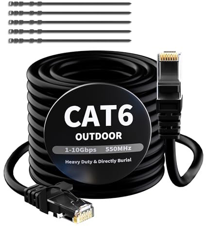 Mygatti Câble Ethernet CAT 6 - 40 m - Noir - Pour l'extérieur et l'intérieur - Étanche - Pose directe - Câble réseau Gigabit - UTP, CCA - RJ45 - Pour caméra POE, routeur, modem, commutateur + 25