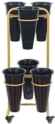 NOALED Pflanzenständer aus Metall mit Rädern, mobiler Blumenwagen mit 6 Plastikeimern, Blumenregal für Terrasse, Garten, Wohnzimmer, Florist, Außenbereich (Farbe: B) (A)