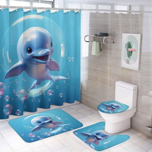 Kleiner Delfin 4-teiliges Badvorleger-Set Duschmatte Kontur Matte WC-Deckelbezug Duschvorhang, rutschfeste Badvorleger Für Küche, Dusche Und Toilette - Meerestier，183 * 183cm (Blue4)