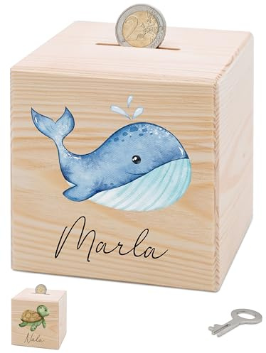 Bärenfreunde® - Personalisierte Spardose Kinder aus Holz mit Metallschloss - Spardose mit Namen mit kinderfreundlichem UV-Druck zum Sparen für Kinderträume (Wal)