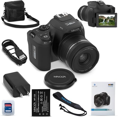 Minolta 64MP Digital Camera – 10x Optical Zoom, 4K Ultra HD Video, Macro Shooting, Anti-Shake, 3-inch LCD Screen, Face Detection – Includes 32GB SD Card, Battery & Case (Black)