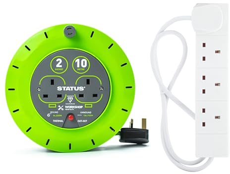 STATUS 2 Socket Cable Reel | 10m Green Extension Lead | 13A with Thermal Cut Out & Multi Plug Extension | 4 Socket Extension Cable | 1m Extension Lead | 4WS1M20