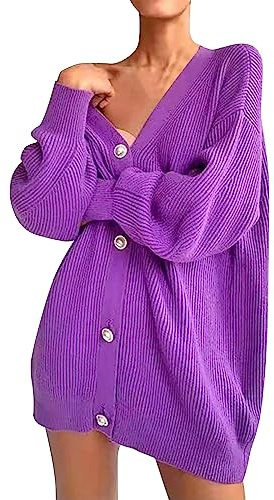 Tröjor & koftor för kvinnor oversized: cardigan dam elegant stickad kort jacka stickad kofta kort stickad kappa med knappar pullover vinter stickad tröja höst övergångsjacka 2024 damjackor, violett, L