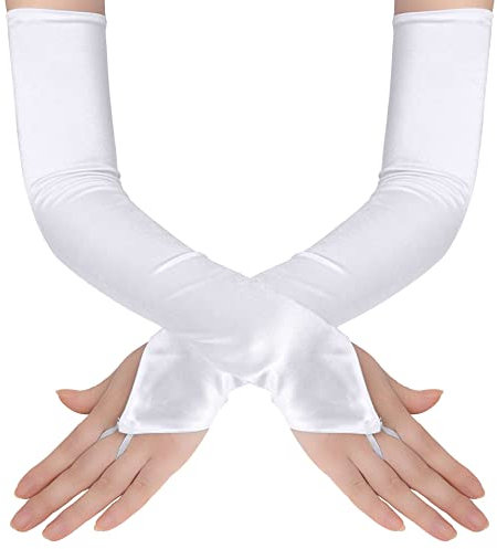 Anevous Satin Fingerlose Lang Handschuhe für Frauen, Opera Handschuhe, Damen Handschuhe Classic, Länge Handschuhe Accessoires für Hochzeit Dinner Partys Fest 1920er Jahre Zubehör,Weiß
