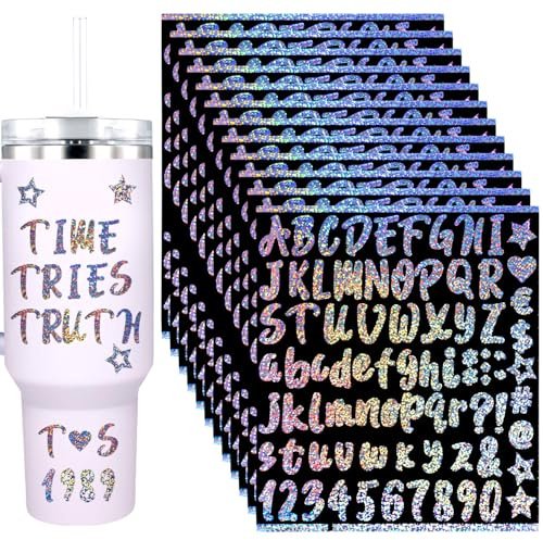 12 Bögen Vinyl-Buchstabenaufkleber für Stanley-Becher, 2,54cm Wasserfest Großbuchstaben-Aufkleber Selbstklebende Buchstaben und Zahlenaufkleber für Wasserflaschen Urlaub Basteln Dekoration