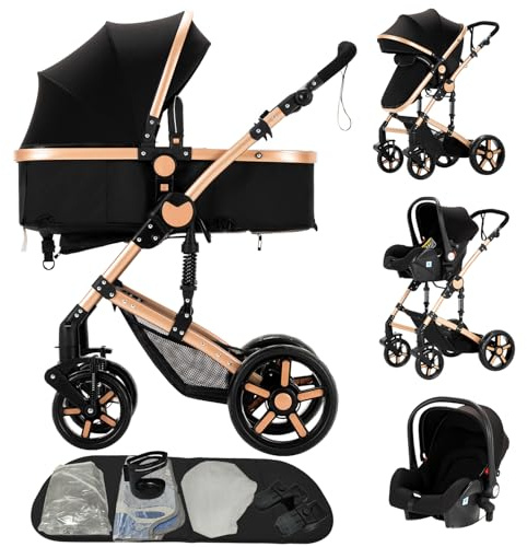 Doraystar 3-i-1 barnvagn, trekant med två vändbara trycklägen, bekväm design med ett klick, nyfödd trekant med Nacelle (588 svart guld)