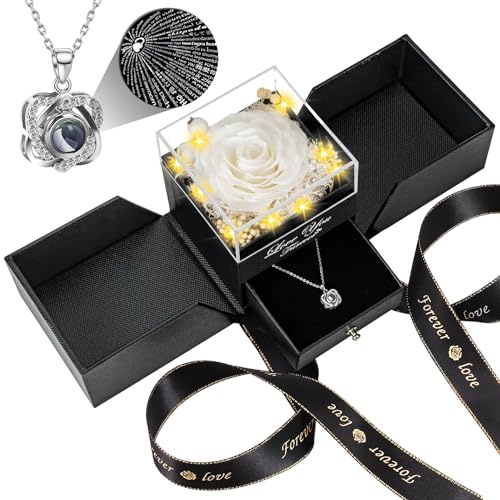 Lebana Rosa Eterna con Collar Regalo Mujer, Flores Preservadas Naturales para Madre Mujer Novia Esposa, Ramos de Flores Eternas en Caja de Lujo, Idea Regalo Navidad, Reyes, San Valentín-Blanco