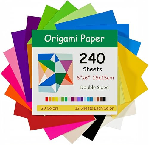 240 fogli di carta origami, 15 x 15 cm, 20 colori grandi, (70 g/m²), quadrati di carta per origami per bambini, progetti fai da te, scuola, artigianato, progetti