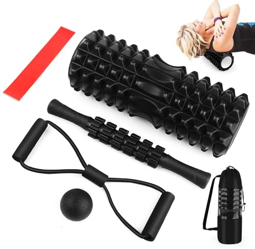 QOUBNIC Rodillo Masaje Muscular, Foam Roller Foam 5 en 1 Roller kit Pilates, Rodillos de Espuma con Palos de Masaje Para Masaje Muscular de Tejido Profundo