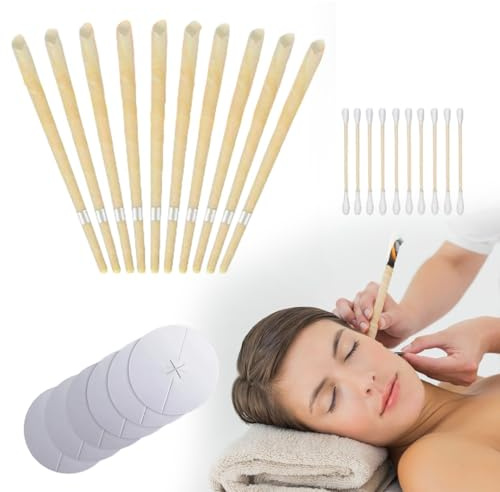 Ear Cleaner, Natural Organic Beeswax Ear Candles Kit – 10 Ear Candles with 5 Protective Discs & 10 Swabs for Safe Ear Wax Removal, Blocked Ears, and Relaxation