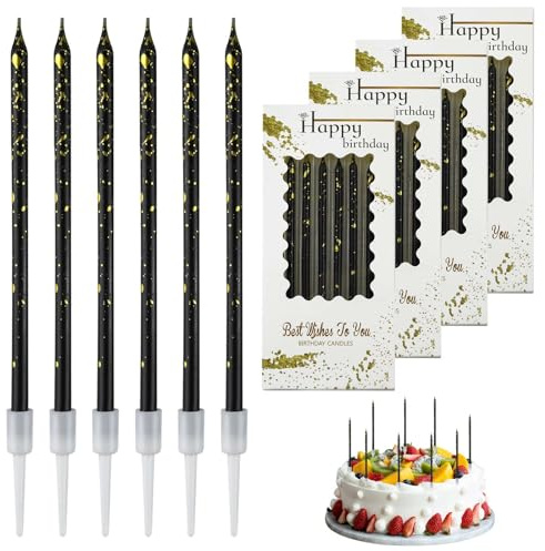 24 Stück Geburtstagskerzen Kuchen Schwarz Gold, Kerzen Geburtstag | Dünn und Lang, Geruchsfrei, Mit Ständer, für Dekorative Geburtstag Hochzeit Party, Geburtstagskerzen für Torte(Schwarz Gold)