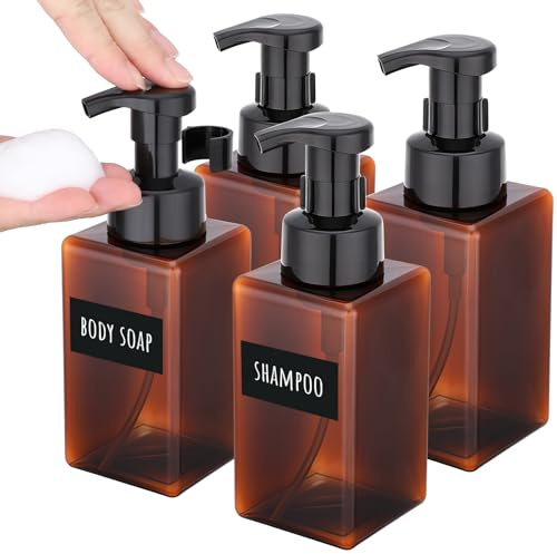 Segbeauty Dispenser Schiuma, 4 Pezzi 450ml Dispenser di Sapone Manuale, Vuote e Riutilizzabile, con Etichetta, Accessori Bagno (Marrone)