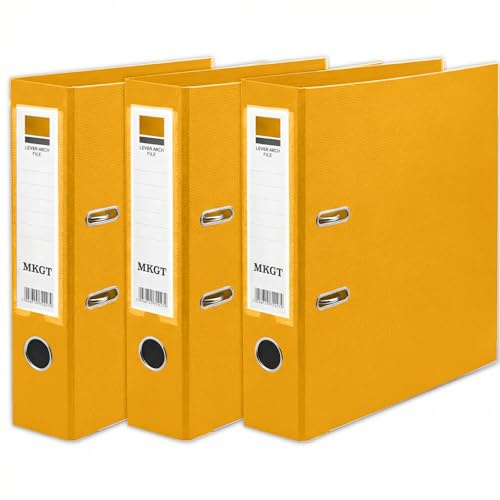MKGT A4 Lever Arch File 75mm Spine – Heavy Duty Metal Lever Arch Mechanism, Strong Ring Binder Folder with Thumb Hole & Spine Label for Office, School & Home Filing (Yellow, Pack of 3)