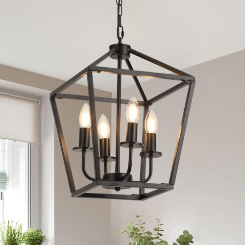ZenithBeam Kronleuchter Laterne Industrial Metall,E14*4-Licht HöHenverstellbare Bauernhaus Hängelampe,Rustikale Schwarz Schlafzimmerlampe,KüChen Esstisch Wohnzimmer Pendelleuchte Foyer Flur Esszimmer