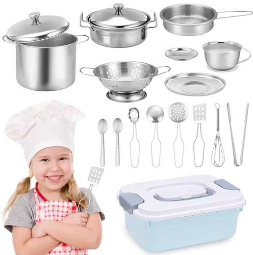 Tismels 18 Stück Kinderküche Zubehör, Küchenspielzeug für Kinder, Kinderküche Zubehör Matschküch Outdoor Spielküche Küchenzubehör Kinder Edelstahl Küchenspielzeug, für Jungen und Mädchen