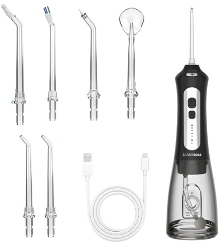 BarberBoss Cordless Water Flosser for Teeth & Gums – 6 Multi-Function Tips, LED Screen, USB Rechargeable, Travel Case Included – Electric Oral Irrigator for Braces, Implants & Gum Health (Black)