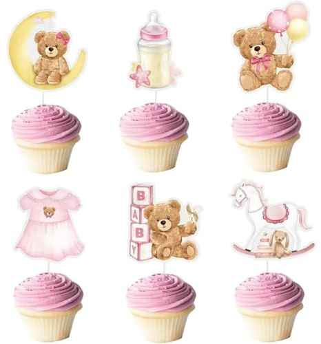 36 Pcs Bear Cupcake Toppers, Baby Shower Bear Cupcake Toppers, Bear Cupcake Decor, Bear Cake Toppers for Kids Boys Girls Birthday Party Cake Decorations Supplies, Pink