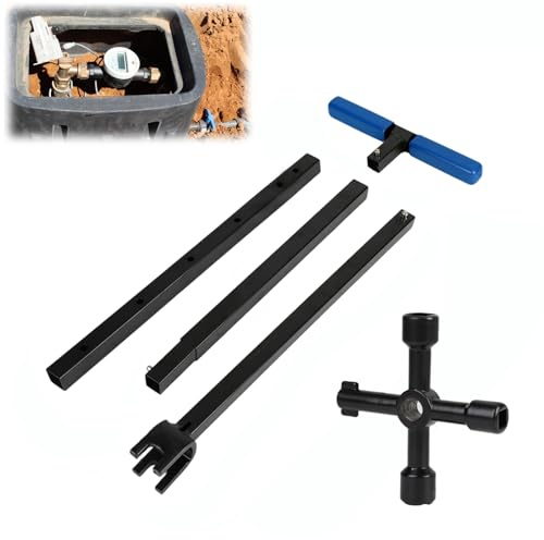 Miosugo Llave de contador de agua con 4 herramientas de acero al carbono, mango en T, herramienta de bloqueo de agua, llave de contador de agua para grifos, válvulas y tuberías de agua (azul)