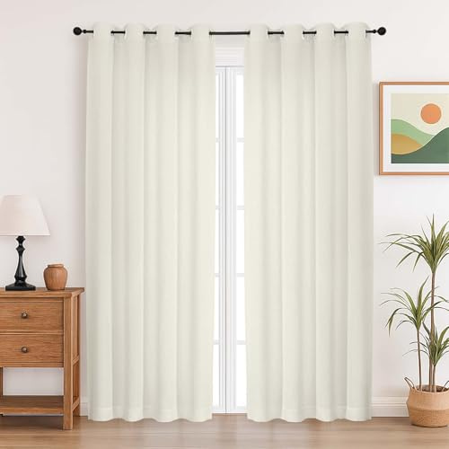 Simplebrand Cream Curtains 220CM Long 2 Panels Set, Light Filtering Faux Linen Textured Soft Airy Window Door Curtains for Living Room Bedroom, Thick Modern Privacy Eyelet Drapes, 140 Wx220 L cm, 2Pcs