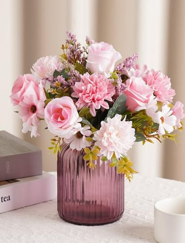 NiHome 2 Bunches Pink Silk Artificial Flowers Bouquet for Home Décor, Roses, Chrysanthemums & Sunflowers Arrangement with Flexible Stems, Wedding Table Centerpieces