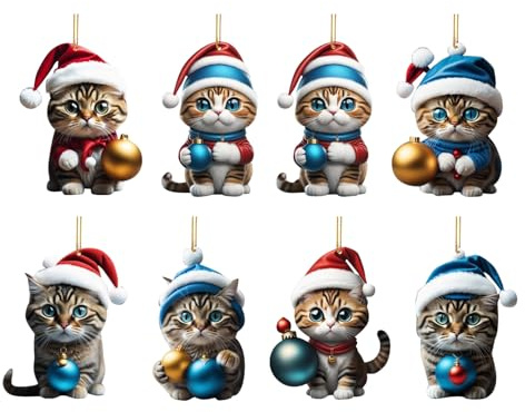 Katzen Weihnachtsschmuck, Katze Weihnachtsbaum Anhänger, 2D Hängende Ornamente Acryl Anhänger, Spaß Weihnachtsanhänger Deko, Weihnachtsbaumschmuck Lustig für Flur, Büro, Wohnheim, 8 Stück