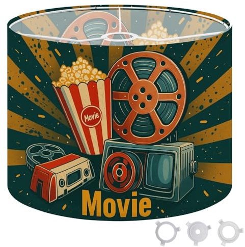 Round Drum Light Shade Popcorn Film Reel Retro Cinema Vintage Projector Teal Large Lampshades for Ceiling Lights Table Floor Lamps Easy Assembly Replacement Lamp Shades Spider Fitter