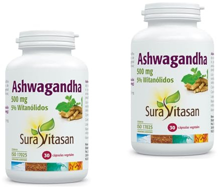Sura Vitasan Ashwagandha - Pack Ahorro 2 x 30 Cápsulas Vegetales 500mg - Extracto de Raíz con 5% Witanólidos - Adaptógeno Natural para Equilibrio Mental y Resistencia al Estrés