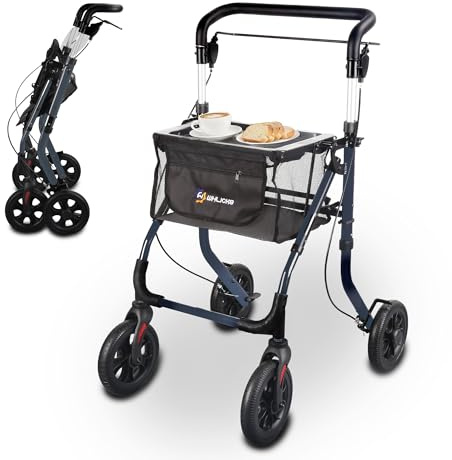 Andador compacto para interior, plegable y ligero con bandeja, auxiliar de movilidad para adultos mayores en aluminio, con cesta, maniobrable para hogar