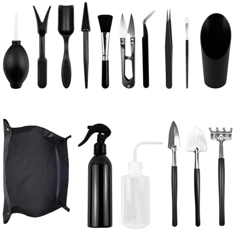 Bonsai Werkzeug Set, 16 Stück Bonsai Starter Kit, Mini Gartengeräte Gartenwerkzeug Set, für Innenbereich Außenbereich, für Pflanzenpflege Sukkulenten Umtopfen Verpflanzung