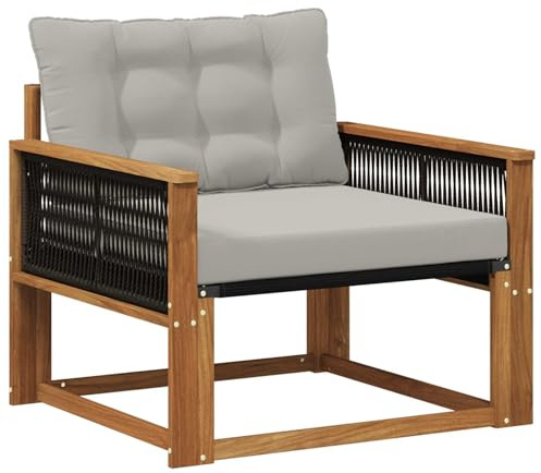 HETFTJN Garten Loungesessel Holz Einzelsitzer Akazienholz - Modernes Outdoor Sofa Natur mit Kissen Hellgrau - Balkonsessel 1-Sitzer für Garten, Terrasse und Außenbereich