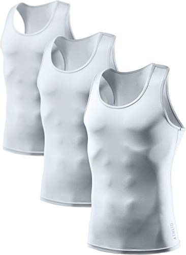 ATHLIO Men's Cool Dry Compression Sleeveless Tank Top, Sports Running Basketball Workout Base Layer, 3pack Tank Top White/White/White, Large
