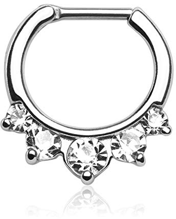Paula & Fritz® Septum Helix Tragus Cartilage Clicker Ring 5 große Zirkonia Silber Chirurgenstahl Stablänge 6mm Stabstärke 1.2mm und 1.6mm