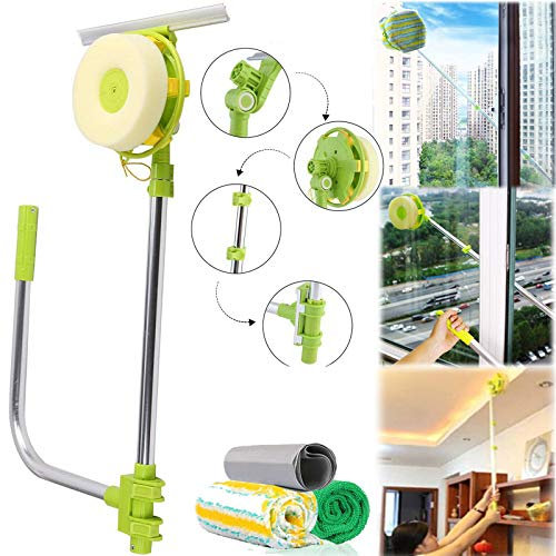 Window Cleaner Brush, Extension Pole Professional Window Cleaning Combo- 2-in-1 Squeegee & Microfiber Window Scrubber Sponge, Upgraded Adjustable Glass Surface Cleaner Wiper Cleaning Tools