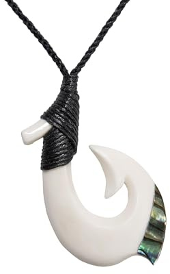 81stgeneration Hand-Carved Bone Large Hei Matau Pendant With Paua Shell - Men's Surfer Accessory - Handmade Maori-Style Fish Hook Cord Necklace - Abalone Tribal Jewellery for Women - Ocean Lovers Gift