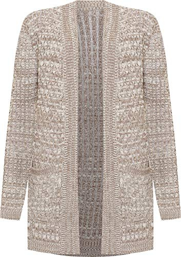 WearAll Women's Plus Cable Knitted Open Pocket Cardigan Chunky Long Sleeve Grandad - Mocha - 12-14