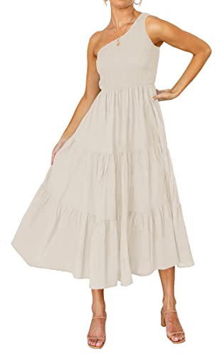 ZESICA Damen 2023 Bohemian Sommer Blumendruck Eine Schulter Ärmellos Gesmokt Rüschen Tiered Beach Lange Midi Kleid, Beige, Klein