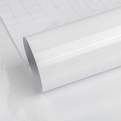 TOTIO Film adhésif blanc brillant Blanc pur Papier peint autocollant Pour meubles Blanc nacré 40cmx3m Film décoratif en vinyle pour cuisine et armoires de salle de bain Imperméable Amovible Épaisseur