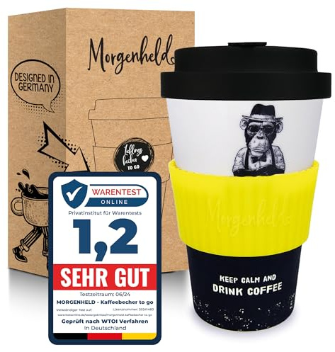 Morgenheld Kaffeebecher to go Porzellan 380 ml, Monkey Citron, BPA-frei | Nachhaltiger Trinkbecher mit auslaufsicherem Silikondeckel, plastikfrei verpackt – ideal für Kaffee und Tee unterwegs