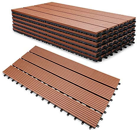 Cecaylie Lot de 18 carreaux de terrasse WPC, marron, 30 x 60 cm - 3 m². Idéal pour l'extérieur, pour balcon, jardin et terrasse, simple, rapide et pratique
