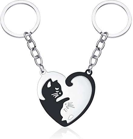 Porte-Clés Couple Chat Blanc Noir, Porte Clef Chat Yin Yang, Idée Cadeau Saint Valentin Couple pour Lui