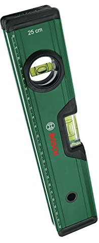Bosch Spirit Level 25 cm (Precise Alignment with 2X Fluorescent Bubbles for Horiziontal and Vertical Reading; Metric Scale; Aluminum Body, Softgrip Bumpers; V-Groove)