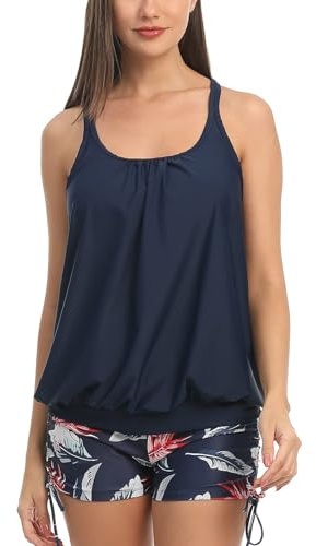 IHCEMIH Baddräkt Dam Tankini Push Up Fylld Tvådelad Baddräkt Set Magreducerande Hög Midja Boxer Baddräkt Strandkläder Simning Sport Pool Tryck Tankinis Sommar, Mörkblå, XXL