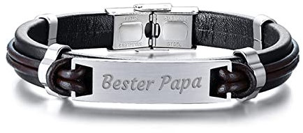 Bishilin Partnerarmbänder Leder mit Gravur, Armband Männer Personalisiert Schild Bester Papa Herren Armband 21.5CM Charms Silber