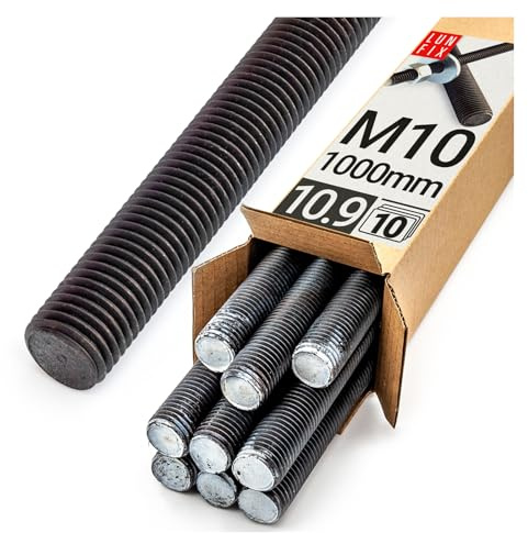 Lun Fix Tige filetée Lot de 10, M10 x 1000 mm, DIN 976, Filetage métrique | Acier haute résistance 10.9, Goujon fileté, Vis longue, Fixation industrielle, Montage métal