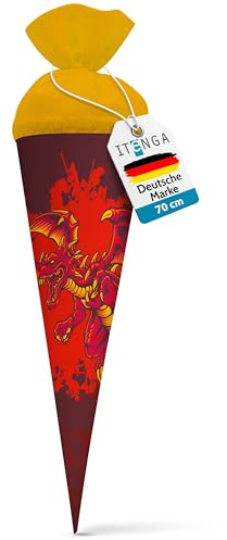 itenga Schultüte 70cm groß rund Drache Einschulung Schulanfang - Zuckertüte für Jungen mit Motiv Drache in gelb rot