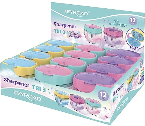 KEYROAD Ergonomischer Dreifachspitzdose Dreifach-Anspitzer Pastell / 12 Stück/Klingen aus Stahl/von Bleistiften und Buntstiften/Für Kindergarten Vorschule und Schule/Sharpener Spitzer