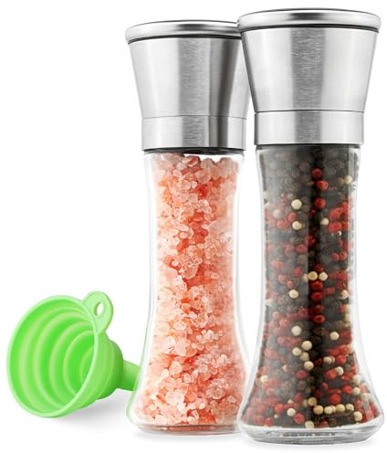 M JINGMEI Hotder Salt and Pepper Grinder,Condiment Set,Himalayan Pink Salt & Peppercorn Mills with Adjustable Coarseness Glass Body Shakers,No Salt/Pepper Included(2 Pack) (200ml)