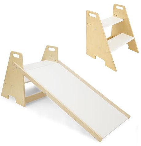 509 Crew 1st Step 2 in 1, Kid's Wooden Slide for 2+, 2 Step Stool for Kid & Adult up to 90kg, Montessori Slide Climber, Training Stool, Anti Slip, Portable Handle, Color Natural White