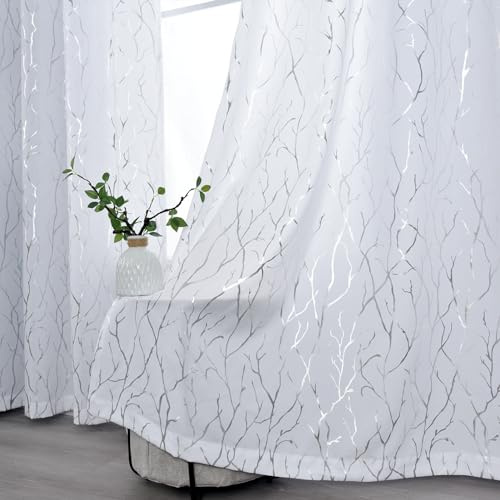 Kotile silver vita gardiner 153 cm längd, metallisk silver trädgren skimmer vita gardiner för sovrum, genomföring topp integritet halvgenomskinliga gardiner, 132 x 153 cm, 2 paneler, silvervit